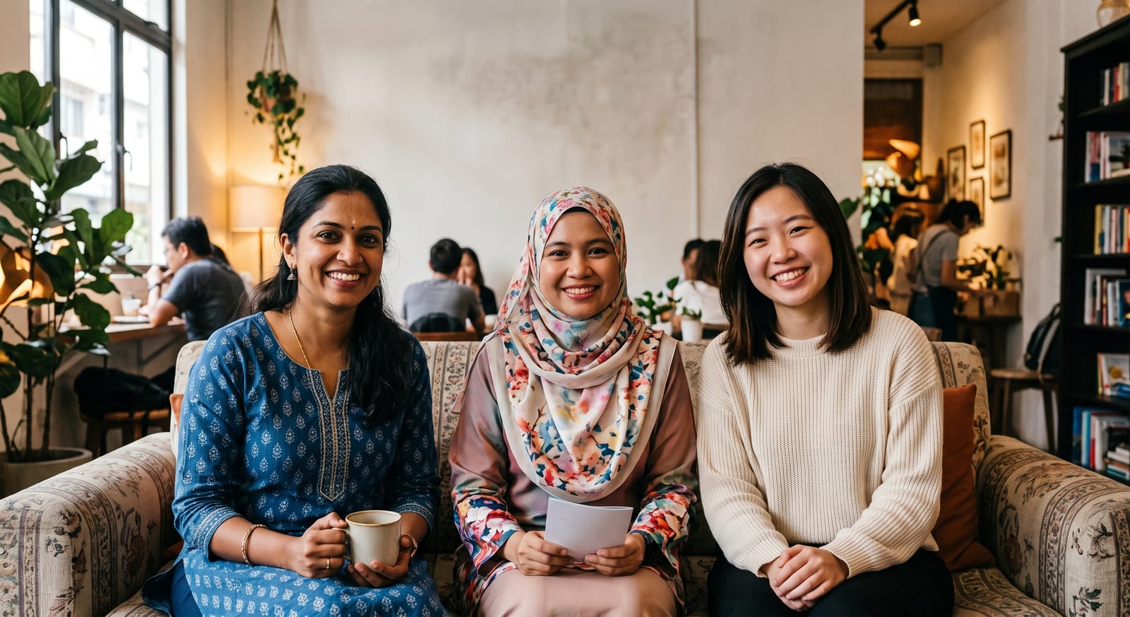 Three friends smiling together on a sofa