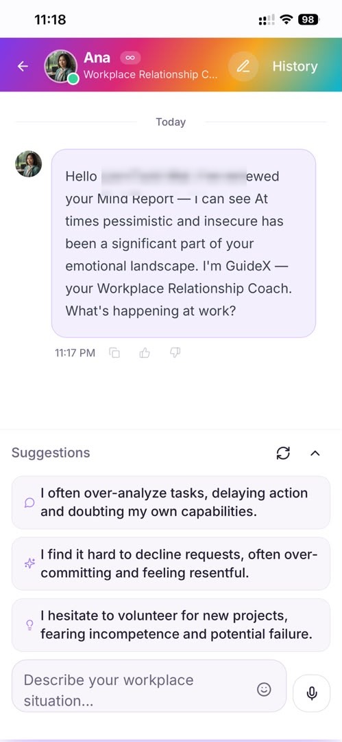 Coaching conversation with Ana, the GuideX AI coach
