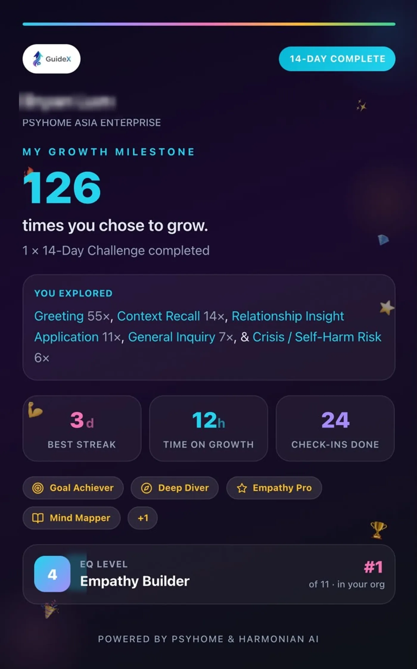 A shareable GuideX growth milestone card